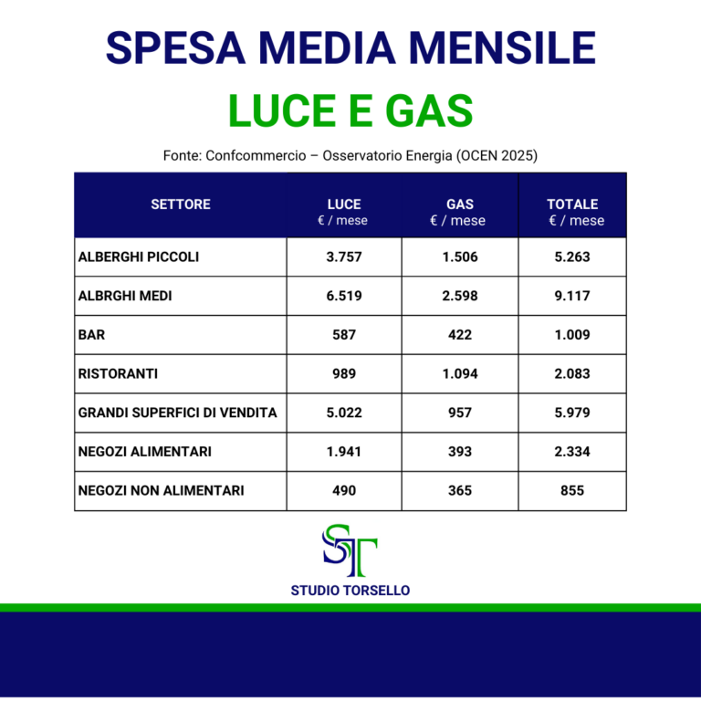 spesa media luce gas imprese