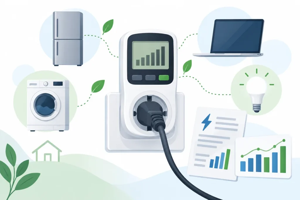 Misuratore da presa con elettrodomestici e grafico dei consumi elettrici