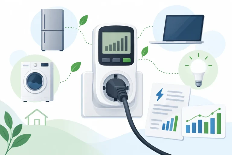 Misuratore da presa con elettrodomestici e grafico dei consumi elettrici