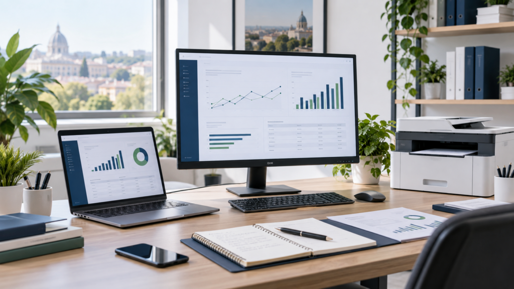 Postazione di lavoro con laptop, monitor e stampante per ufficio